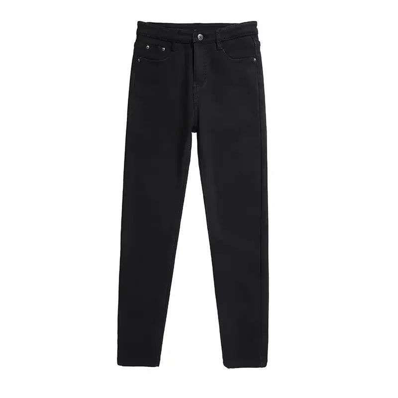 High Waist Fleece Lined Skinny Jeans Women's Autumn Winter New Style Pure Color Slimming Tight Fit Ankle Length Pants