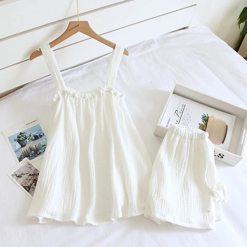 Fdfklak Pijamas Sexy Mujer Summer Sleeveless Gauze Cotton Women's 2 Piece Set Pyjamas Elegant New Soft Home Nightwear