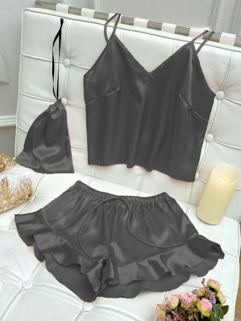 Fashion Sexy Underwear Set Women's 2 Pieces Sleepwear Pyjamas Silk Satin Bellyband Cami Top and Shorts Pajamas for Women Pijamas