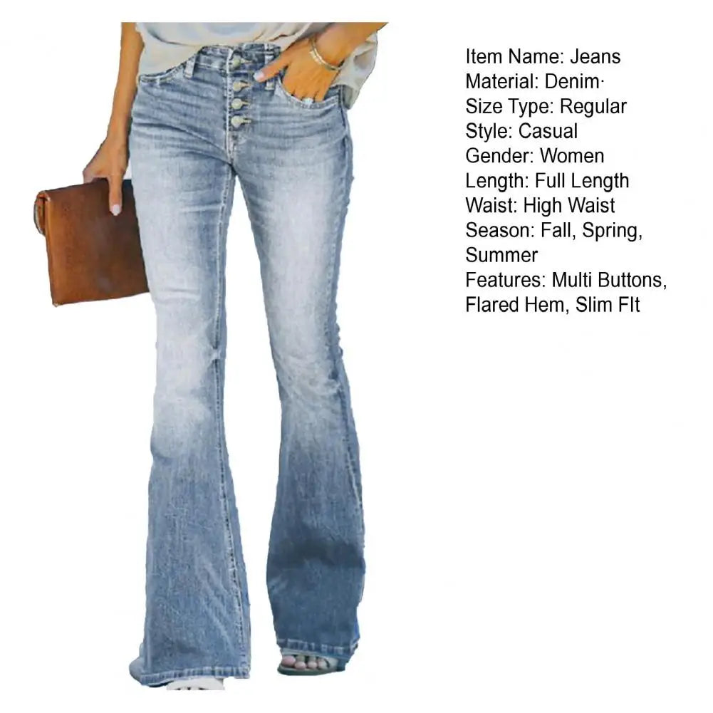 Women Denim Jeans High Waist Flared Hem Women's Jeans with Gradient Color Matching Bell-bottomed Pants Slim Fit Denim Trousers