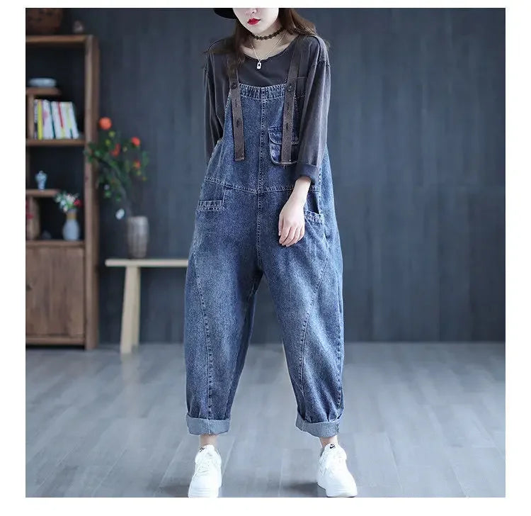 Loose Casual Denim Overalls Women's Wide Leg Pants Harem Jumpsuits Ageless plus Size New 2025 Fashion from Mainland China