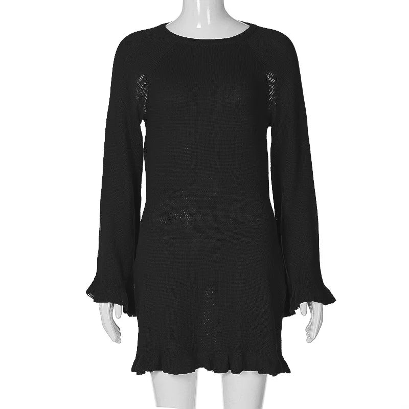 2026 Women Ins Style Sexy Backless Neck-hanging Long Sleeve Fishtail Dress Knit Beachwear Summer Swimsuit Bikini Cover-ups A2825