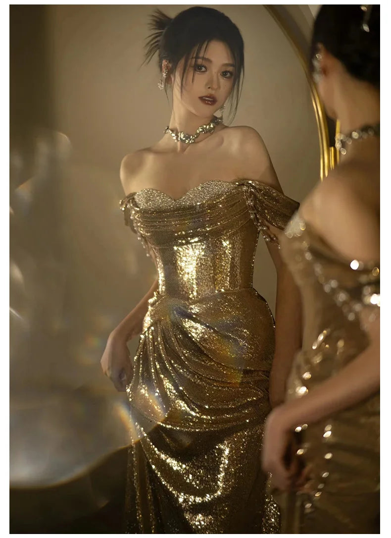 Lautaro Spring Praty Birthday Evening Dresses Woman Off Shoulder Backless Elegant Luxury Prom Floor Length Gold Sequin Dress
