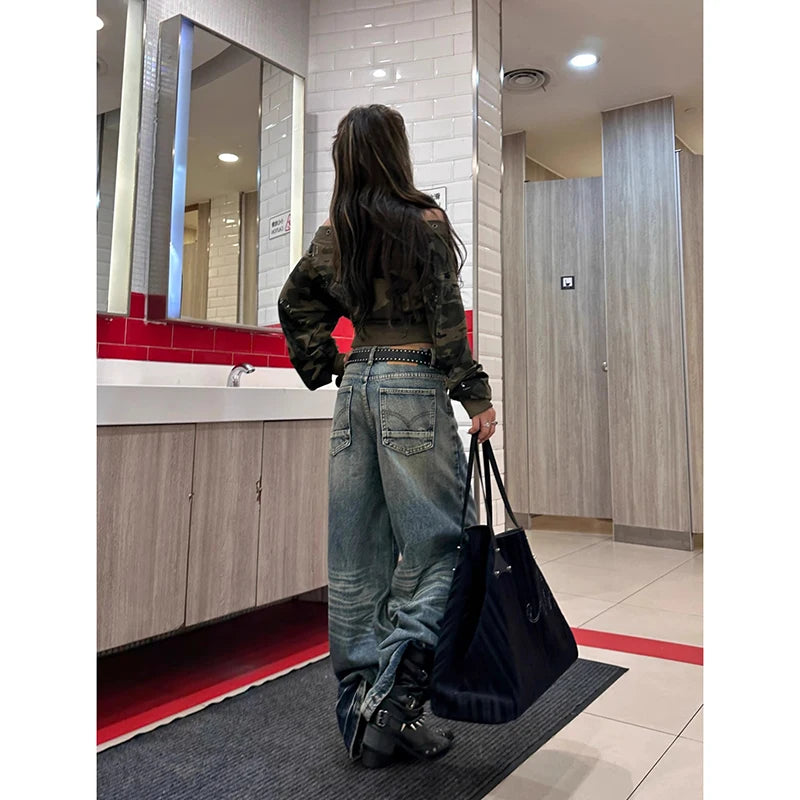 Blue Women's Jeans Hip-hop Fashion Vintage Streetwear Y2K Wide Leg Straight Jean High Waist Trouser Classic Baggy Denim Pants