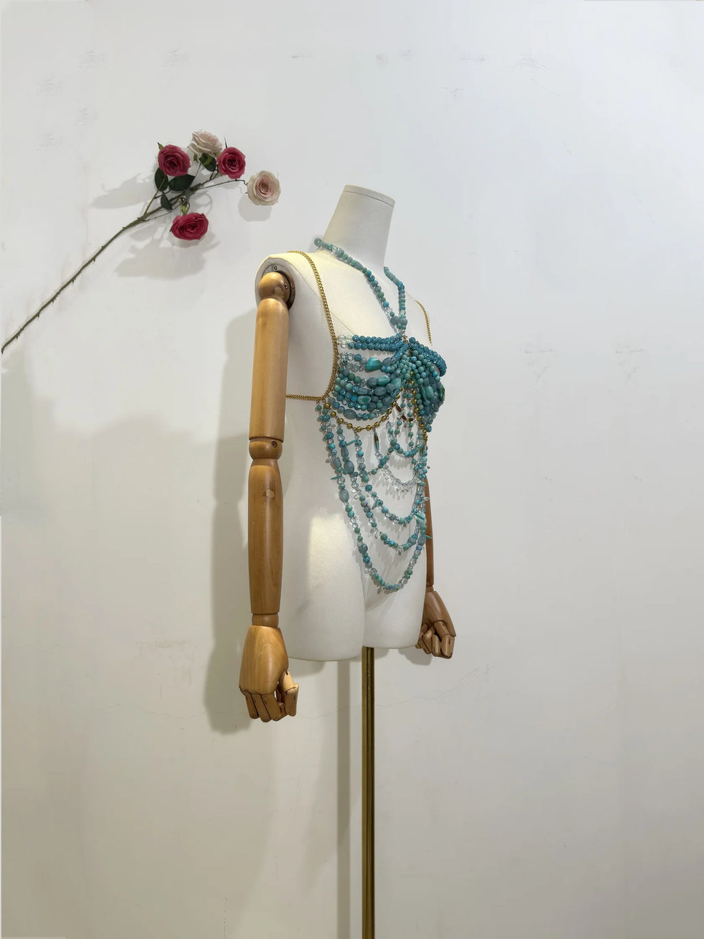 H80&90 New Sexy Women Handmade Glitter Turquoise Color Stone Bead Body Chain Hollow Out Bikini Bra Top Holiday Beachwear Lingeie
