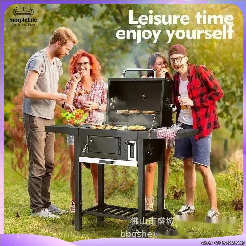 Large Charcoal Grill Smoker BBQ Grill Outdoor Camping Stove with Wheels Heavy Duty Portable Barbecue for Home Party Garden