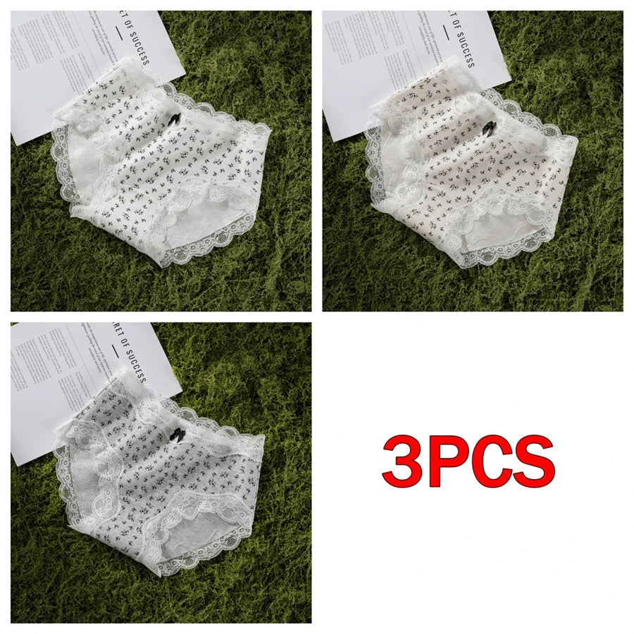 3Pcs Floral Cotton Crotch Panties Women's Underwear Cute Bow Brief Mid Waist Breathable Sexy Lace Female Lingerie Panties