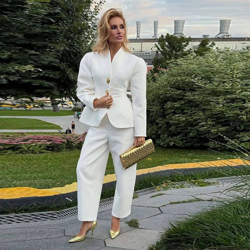 Fashion Solid V-neck Suit Casual Solid Long Sleeves Shoulder Pad Waist-cinching Pant Suit 2025 Autumn  Lady Daily Street Outfit