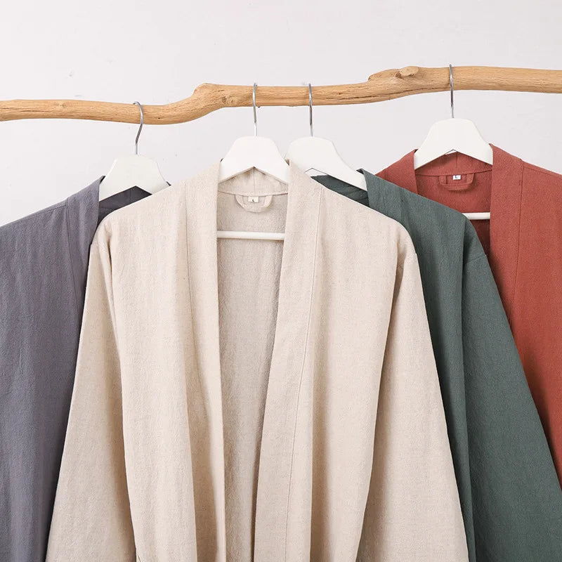 70% Cotton 30% Linen Kimono Bathrobe Nightgown 2025 New Loose Men And Women Dressing Gown Sleepwear Nightwear Solid Hotel Robe