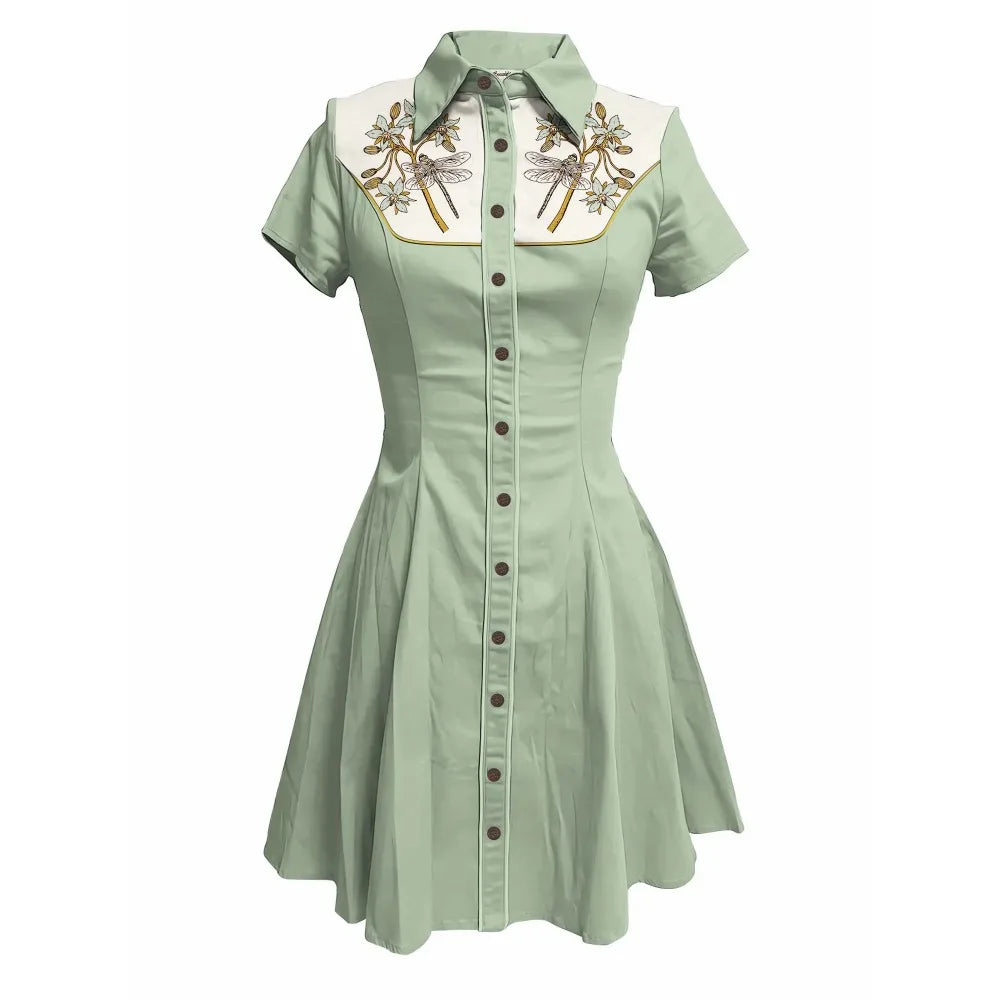 Flowers and Scorpions Printed Western Cowboy Dress for Women Sexy Girly Button-down Dress Short Sleeves 100% Cotton Summer Dress