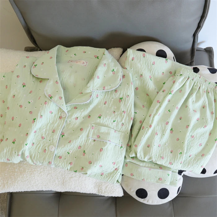 Autumn Women's 2 Piece Sets Print Polka Dot Sweet Kawaii Pajama Set Singer Breasted Top and Pants Women Casual Pajama Sets 2024