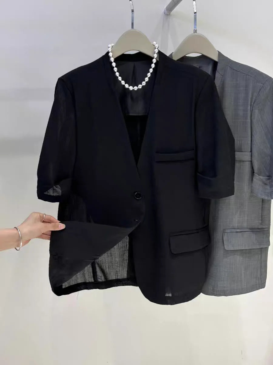 Slimming V-Ne Wide-Sle ort-Sve Suit Jaet Faionable Outerwear Commute Sle Polyester Casual Regular Length