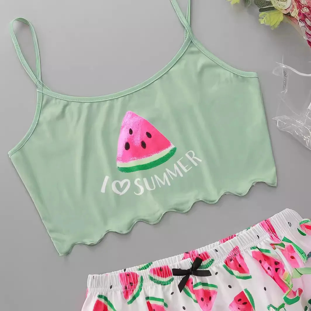 Watermelon Lettuce Women Pajama Set Sleeveless O Neck Crop Top & Elastic Waist Shorts 2 Pieces Female Sleepwear Summer Nightwear
