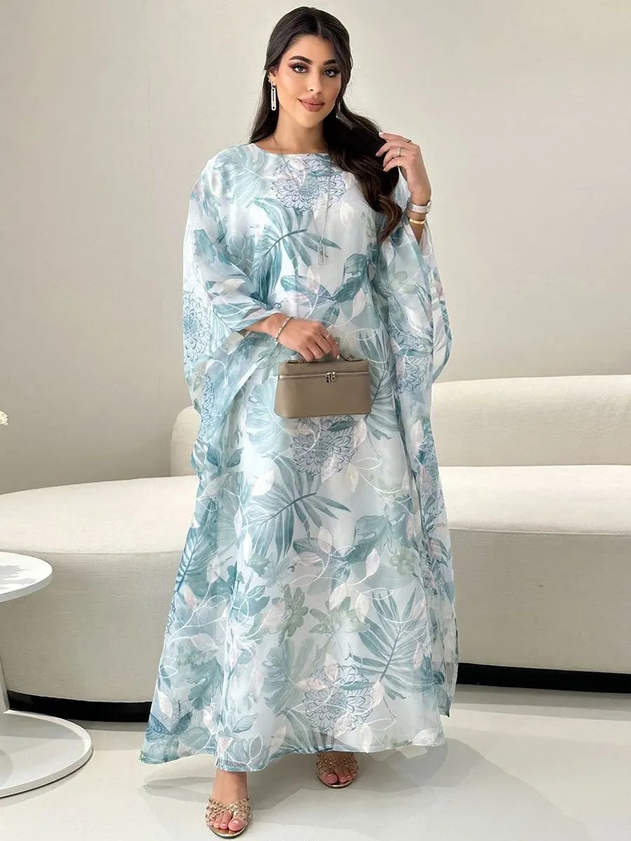 Siskakia Muslim Printing Dress For Woman Batwing Sleeve O-Neck Dubai Abaya Elegant Casual Loose Moroccan Saudi Kaftan Fashion