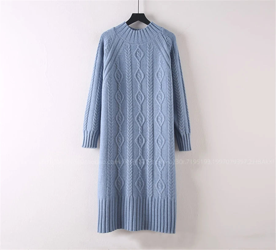 Winter Thicken Plush Velvet Lined Sweater Dress Women's Fall Half Turtleneck Rib Knit Bottom Dresses Elegant Warm Vestido Midi