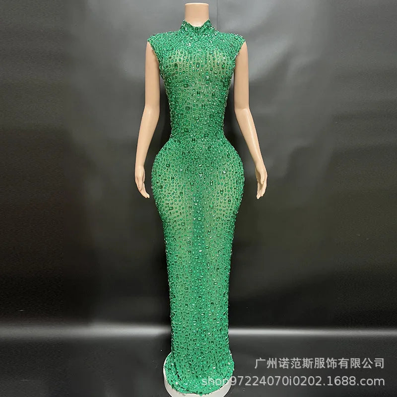 Sexy Full Drill Elastic Slim Fit Sleeveless Long Dress - Hip Wrap, For Host Stage Catwalk & Engagement Evening High-Slit Dresses