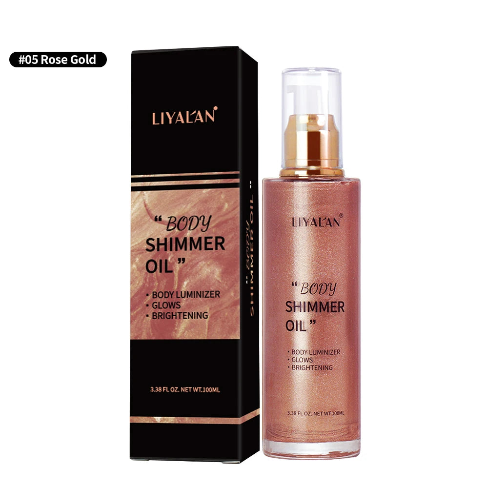 100ml Body Shimmer Oil Highlighter Face Brighten Glitter Bronzer Pearl White Rose Gold Skin Glow Illuminator Makeup Shine Liquid