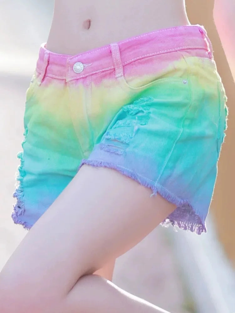 Women's Tie-Dye Low Rise Distressed Denim Shorts New Japanese Fashion High Street Casual Rainbow Soft Girl Versatile Shorts