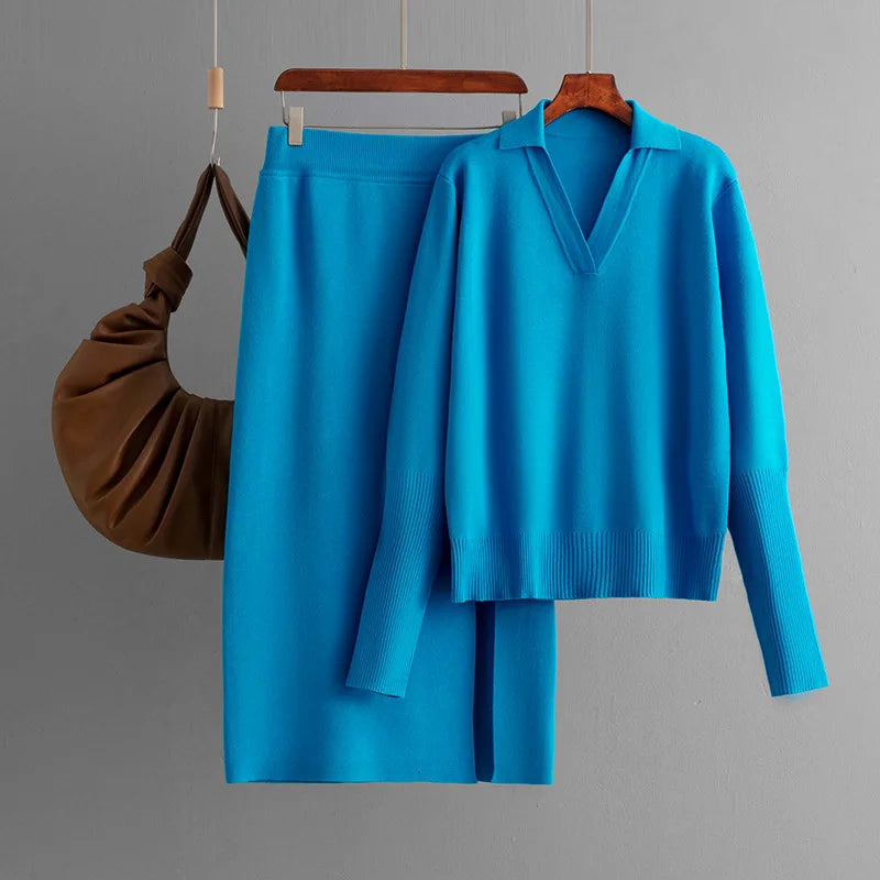 Autumn Winter Fashion Women's Casual Trendy Solid Color Elegant Loose Knitted 2 Piece Sets Turn-down Collar Tops Skirts Clothes