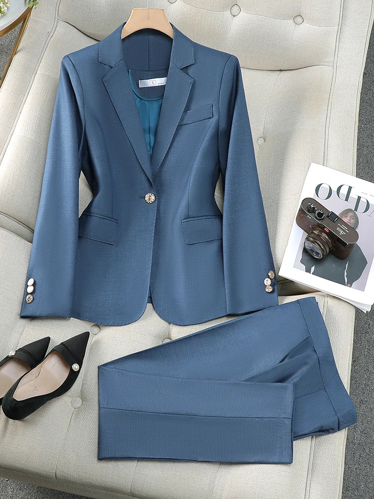 Women Pant Suit Gray Navy Solid Office Ladies Female Business Work Wear 2 Piece Set Formal Blazer Jacket And Trouser