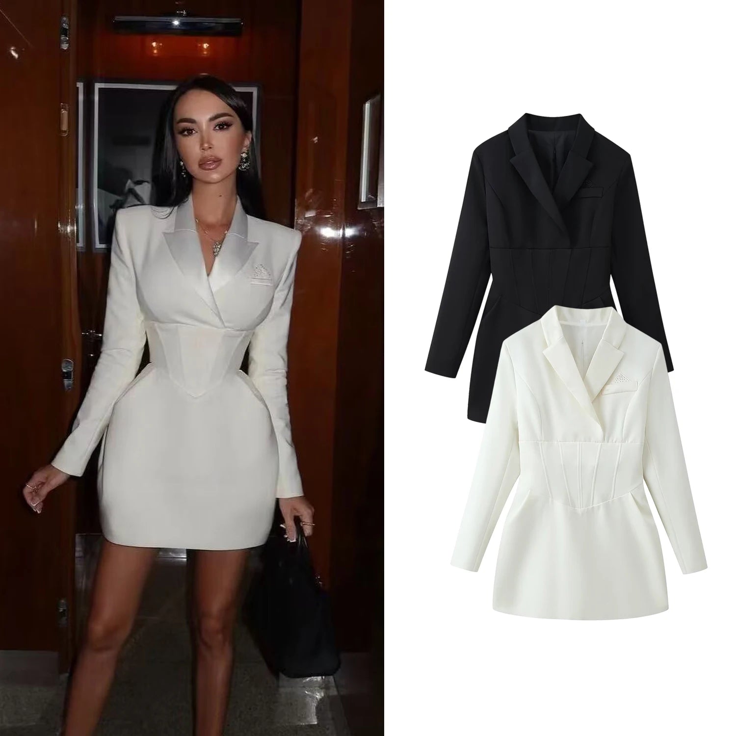 Women Waist-Cinching Blazer Mini Dress Spring Autumn Female Chic Long Sleeve Back Lace-Up Dress Sexy Lady OL Short Elegant Dress