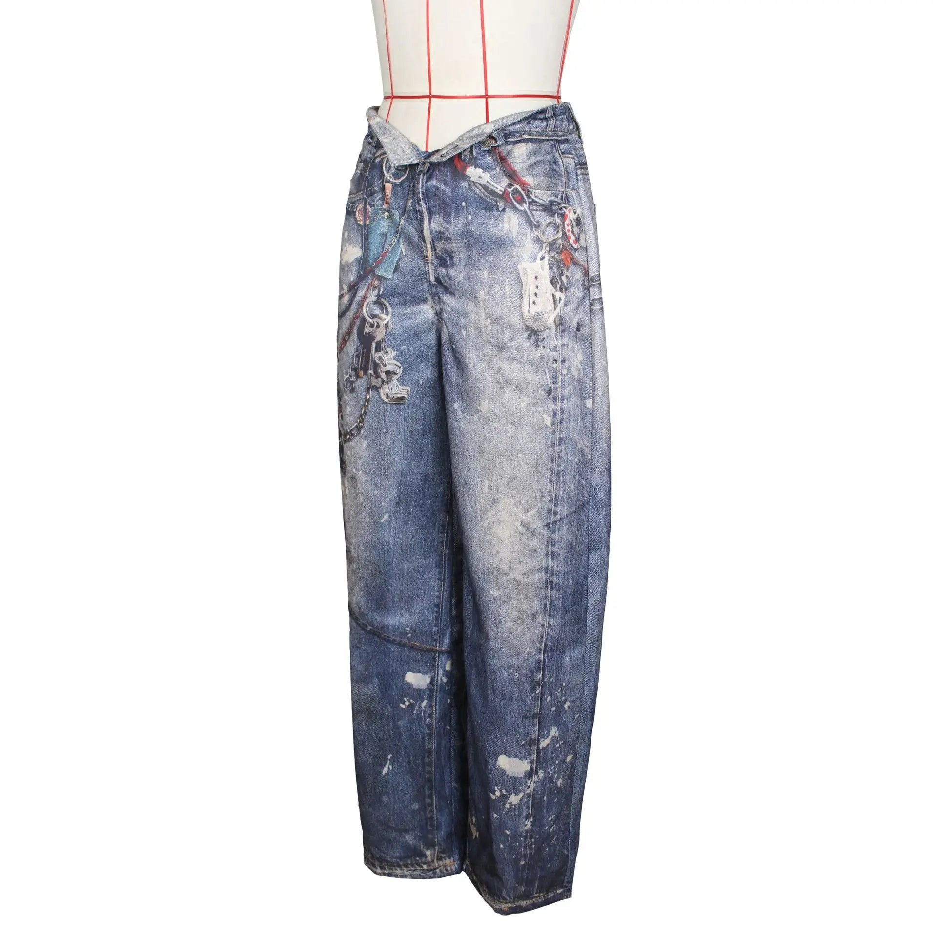 DEAT Fashion 3D Printed Wide Leg Curved Jeans Women's High Waist Loose Blue Streetwear Denim Pants New Tide Summer New 7AB9379