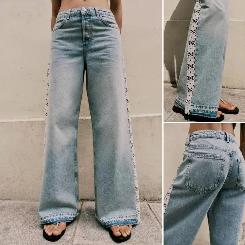 2026 Ropa Y2K Fashion Hollow Lace Patchwork Vintage Blue Baggy Jeans Pants For Women Clothing Korean Casual Lady Denim Trousers