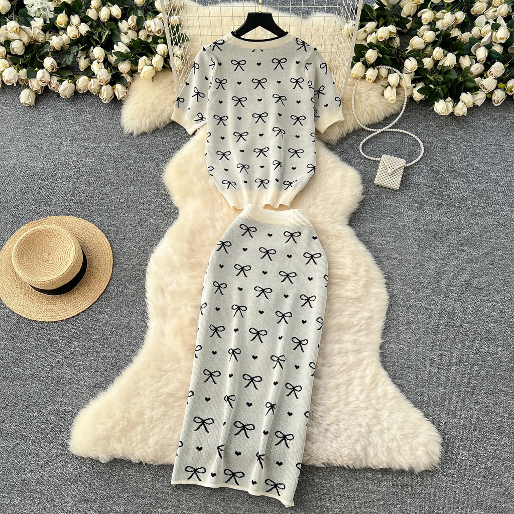 SINGREINY Newest Summer Knitting Suits O Neck Basic Tops+High Waist Sheath Long Skirt Bow Print Chic Casual Women 2pcs Sets