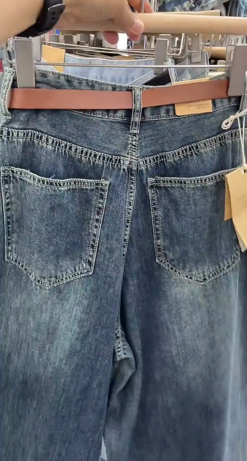 Wide-leg Jeans Women's Summer Thin 2024 New High-waisted Slimming Big Horn Loose Draping Mop Trouser Skirt Tide Women's Clothing