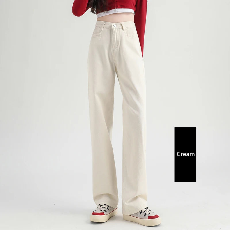 Woman Jeans Elastic High Waist Wide Leg Cotton Denim Clothing Blue White Streetwear Vintage Fashion Harajuku Straight Pants