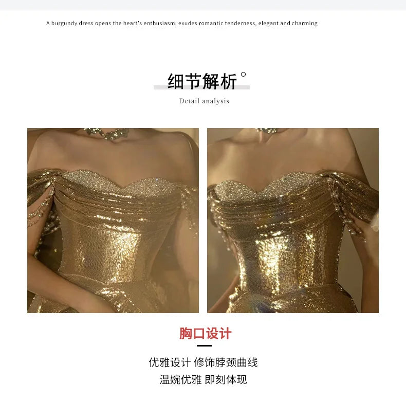 Lautaro Spring Praty Birthday Evening Dresses Woman Off Shoulder Backless Elegant Luxury Prom Floor Length Gold Sequin Dress