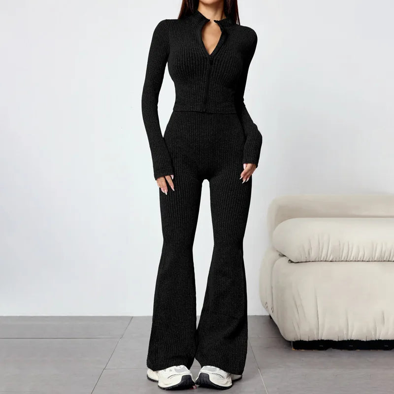 Women's Tight Fitness Yoga Outfit Set with Long Sleeves And Zipper Autumn Winter Sports Jacket And Bell Bottom Pants