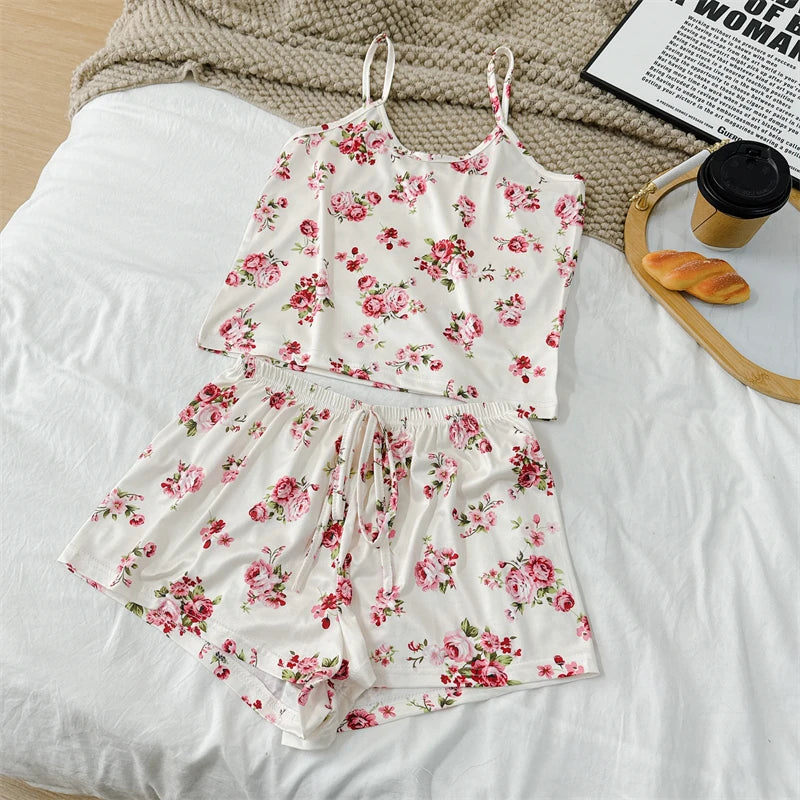 Summer Women's Cherry Print Pajama Set Sexy Ice Silk Sleeveless Vest and Shorts Girls Casual Cute Printed Sleepwear for Lounging