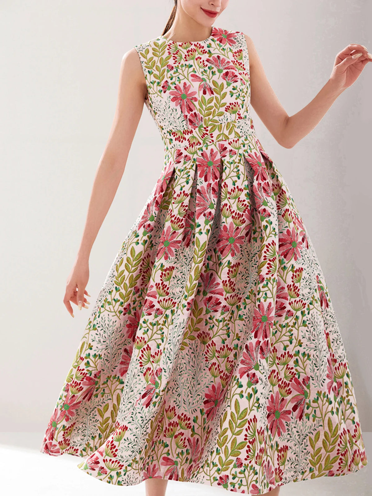 DEVCHATA Women's Casual Summer Sleeveless Jacquard Maxi Dress Floral Party Evening Elegant Dresses for Women