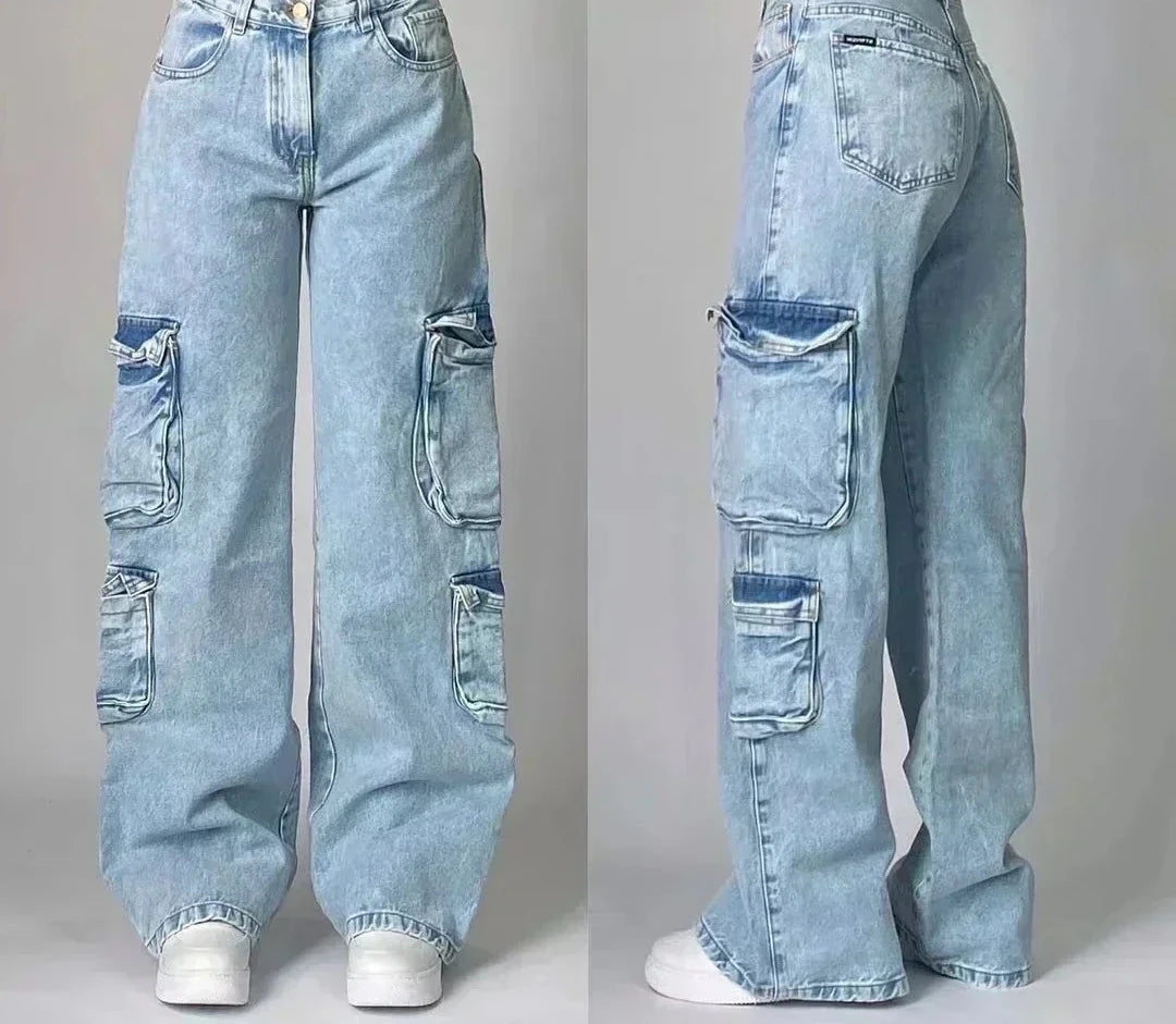 American Street Fashion Trend Big Pocket Loose Jeans Women Harajuku Y2K New Hip Hop Vintage Oversized Jeans Unisex Mopping Jeans