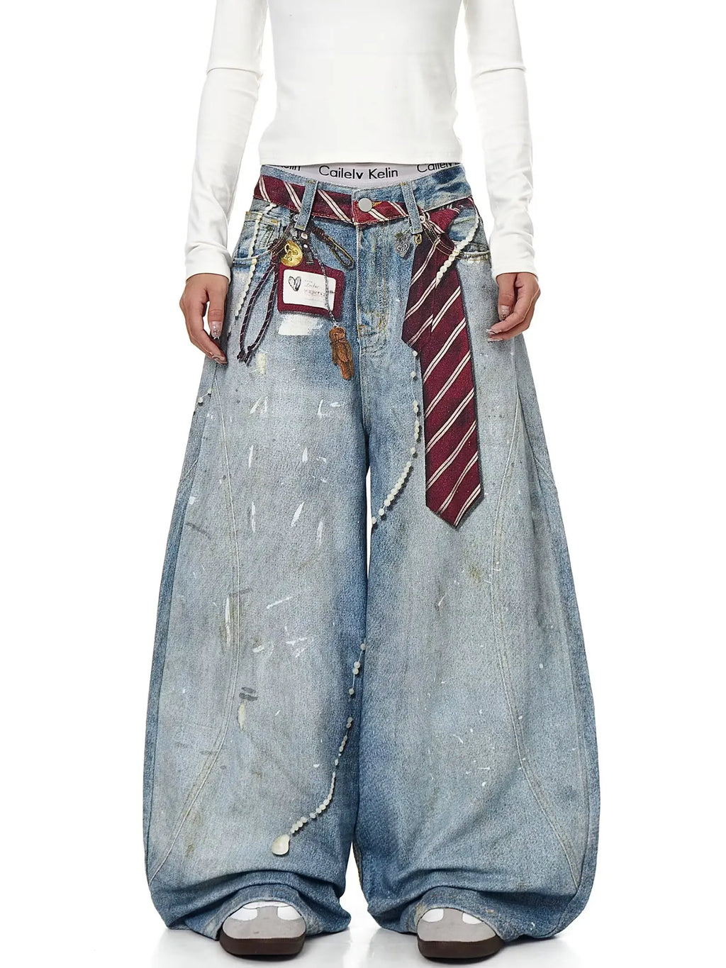 3D printed American retro straight leg wide leg jeans washed and worn high street jeans for women loose fitting Harajuku fashion