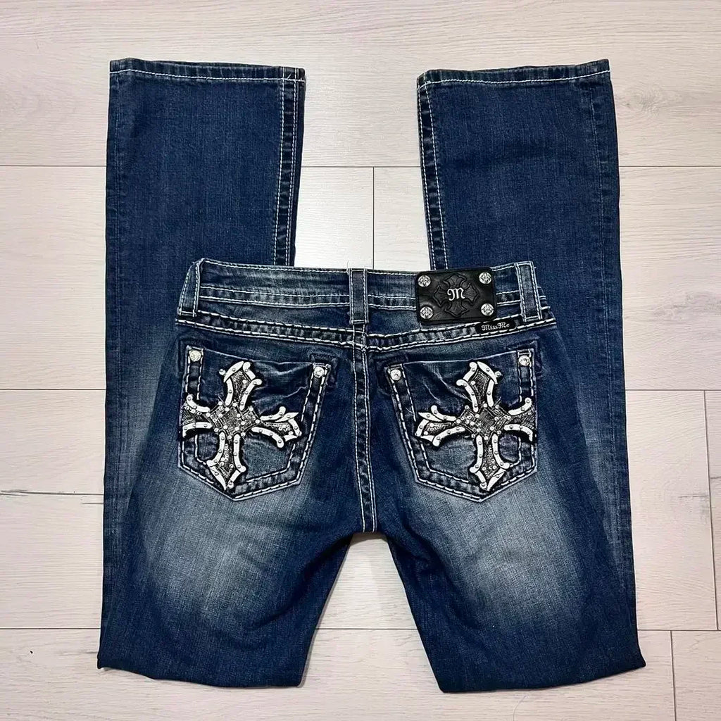 American 2000s Trend Women Jeans Rhinestone Embroidered Pocket Flanging Korean Version Oversized straight Denim Bell-Bottom