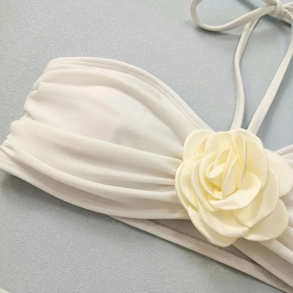 3Pcs/Set Women Summer Bikini Set 3D Rose Flower Decor Halter Bandeau Pleated Bra Swimming Trunks Overskirt Set Swimsuit 수영복 세트