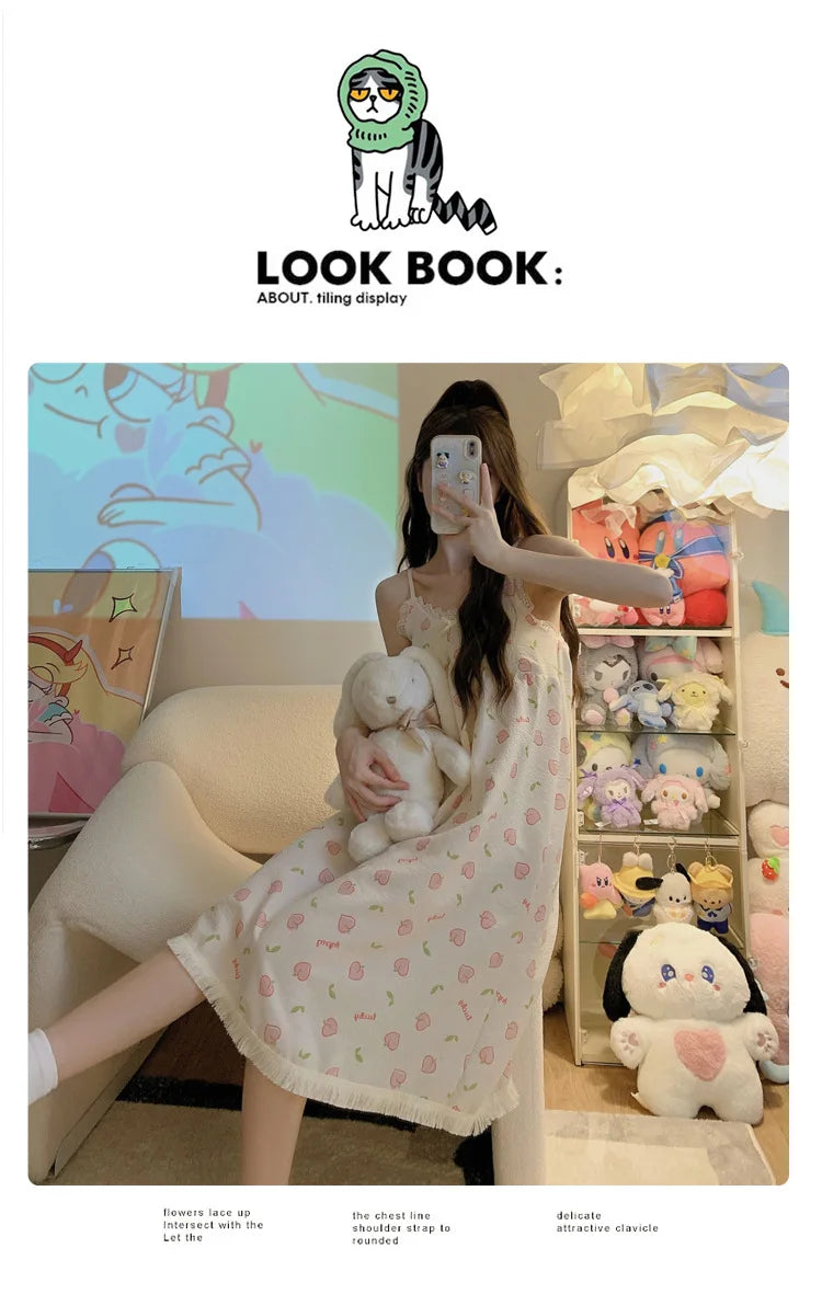 With Chest Cushion Halter Nightgown Female Summer Floral Breathable Thin Section of the Princess Style Loose Knee-Length Pajamas