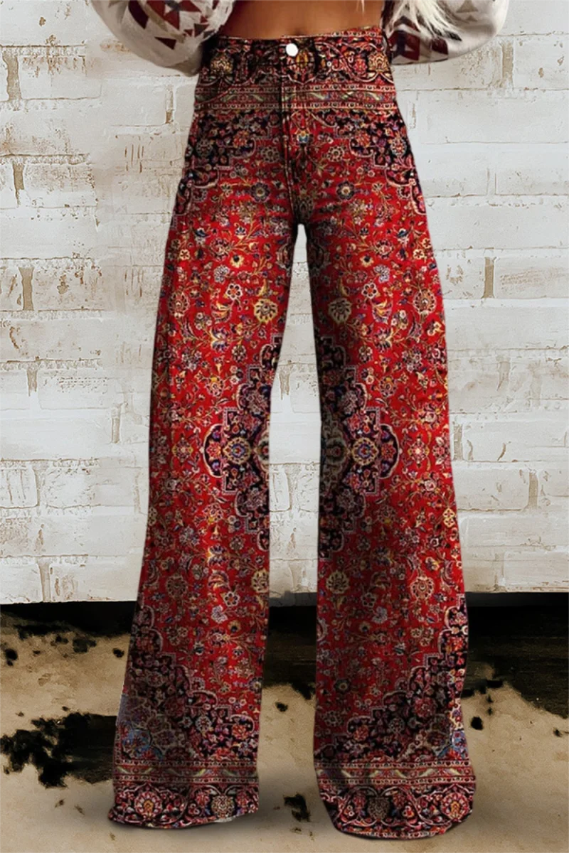 Spring and Summer Women's Long Pants 3D Digital Printing Imitates Denim Thin Fabric Fashion Elements Color Blocked Wide LegPants