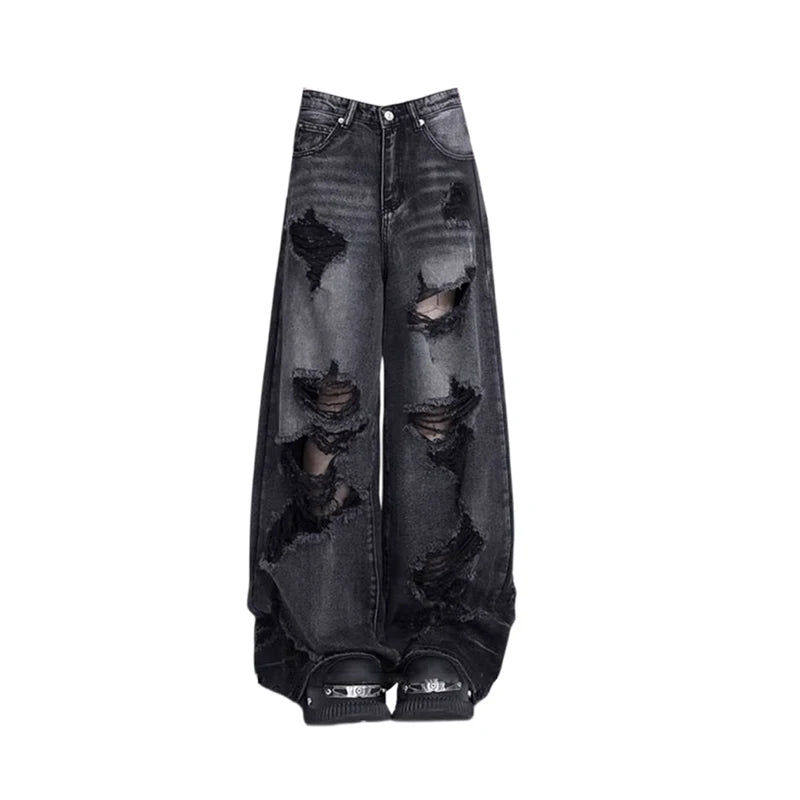 Women Black Goth Ripped Jeans Vintage Cowboy Pants Aesthetic Harajuku Baggy Denim Trousers Y2k Oversize Trashy 2000s Emo Clothes