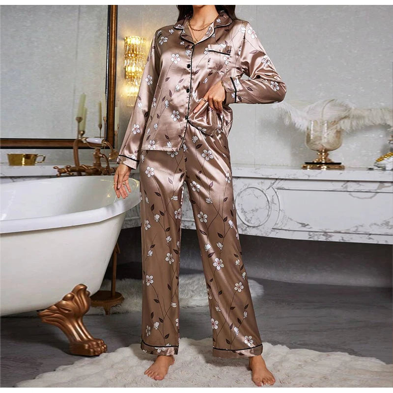 Two piece set of womens pajamas spring and autumn satin printed long sleeved top long pants casual and comfortable home suit set