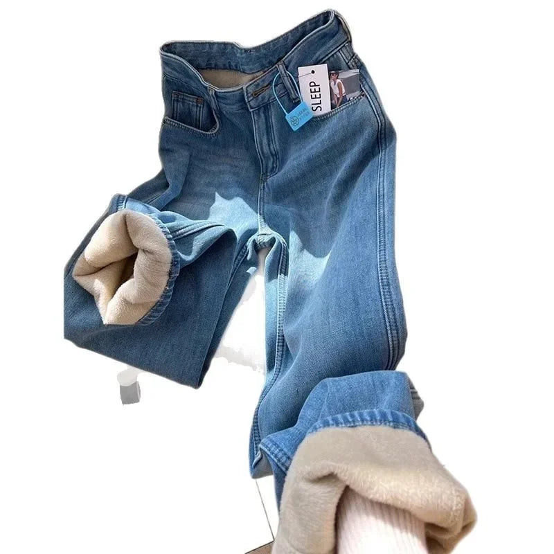 Thickened Fleece High Waist Straight Leg Jeans Women Winter New Style Loose Slim Wide Leg Pants Floor-Length Trousers