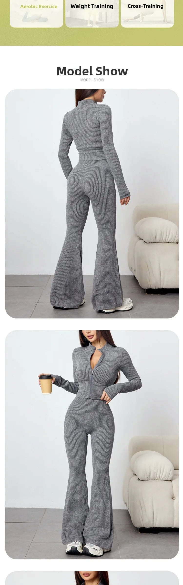 Women's Tight Fitness Yoga Outfit Set with Long Sleeves And Zipper Autumn Winter Sports Jacket And Bell Bottom Pants