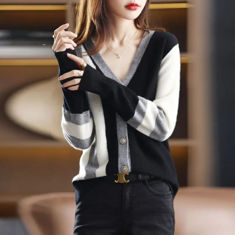 2023 New Spring and Autumn Fashion French Niche V-neck Stripe Color Blocking Loose Casual Lazy Style Women's Sweater Cardigan