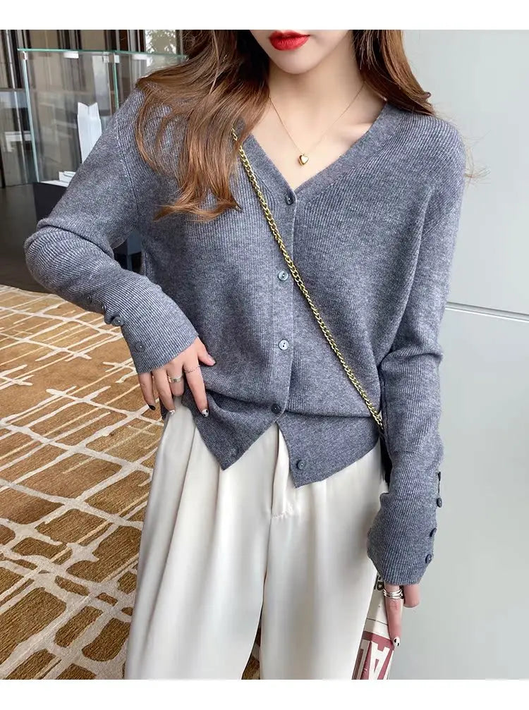 2025 Autumn And Winter Casual Sweater V Neck Women Korean Fashion Tops Long Sleeve Solid Basic Knitted Cardigan Female