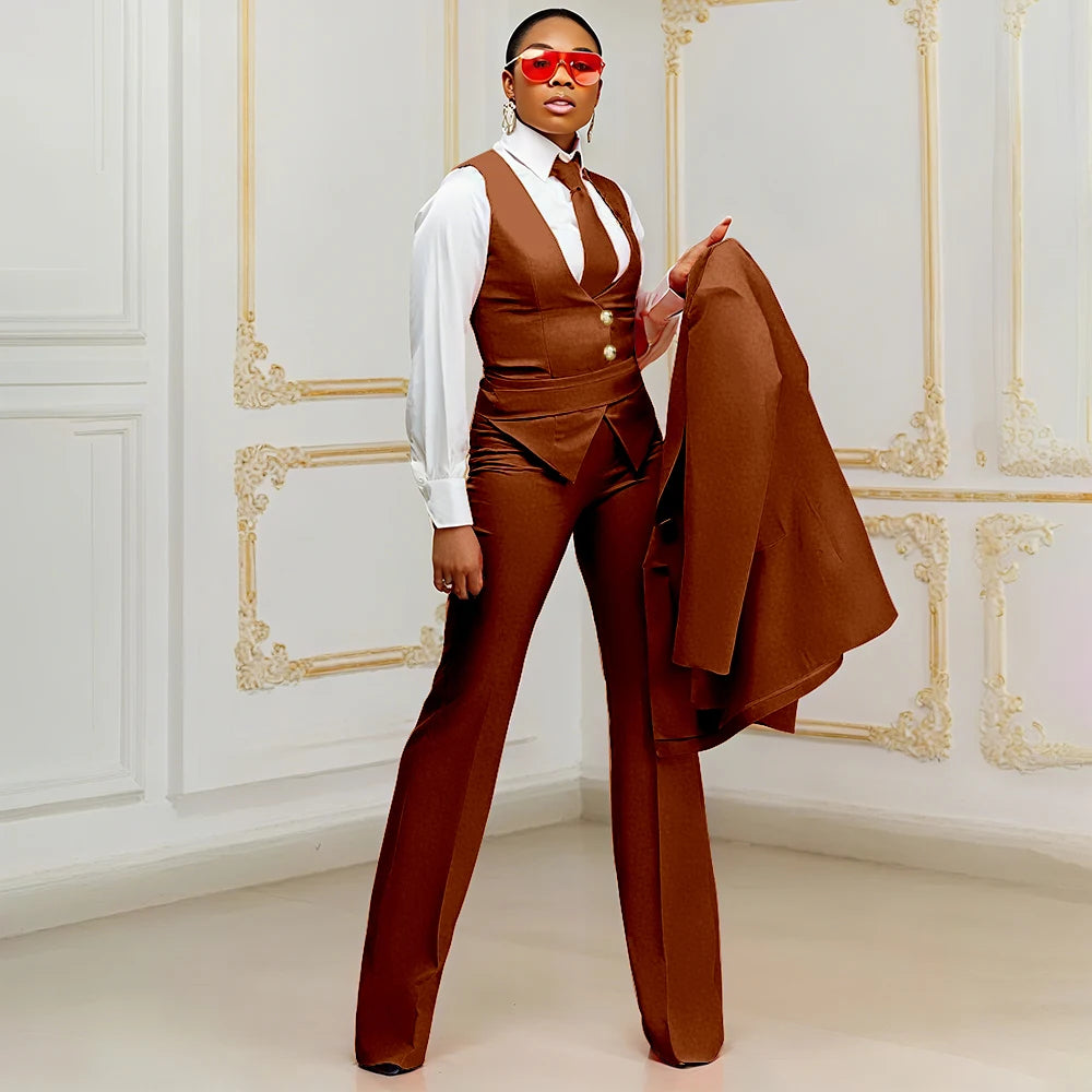 Orange Women's Suits Customized Plus Size Formal Single-breasted Peaked Lapel Three Pieces (Jacket+Pants+Vest) Office Lady Set