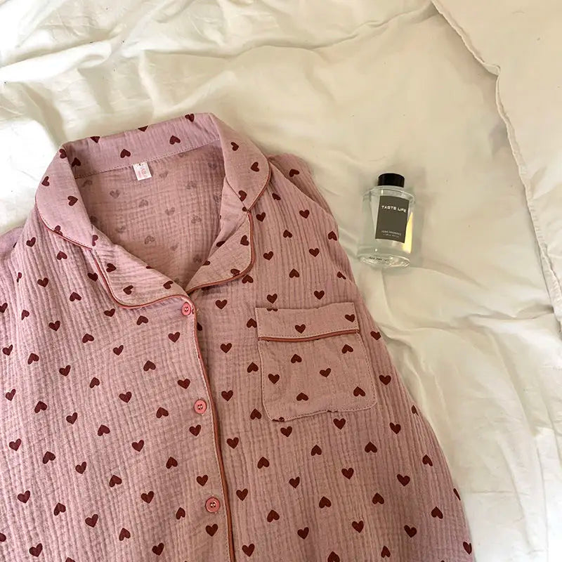 Cotton Women's Pajamas Korean Sleepwear Summer 2021 Pijama Heart Print Pyjamas Short Sleeve 2 Piece Set Suits Loungewear