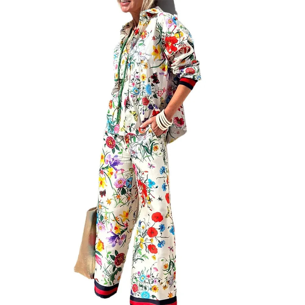 Women's Fall Casual Outfits Floral Print Long Sleeve Button Down Lapel Shirt With Elastic Waist Wide Leg Pants Sets Streetwear