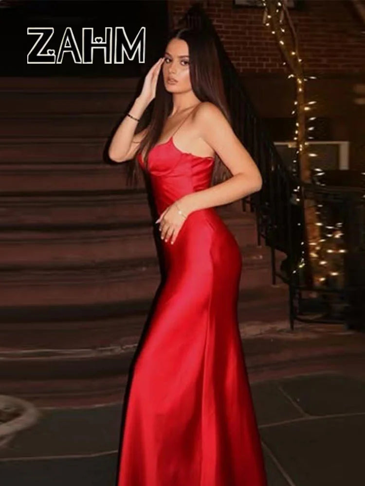 Sexy Satin Long Sling Dress Women Square Collar Sleeveless Backless Pleated Dresses Female 2026 Spring Lady Party Evening Robes